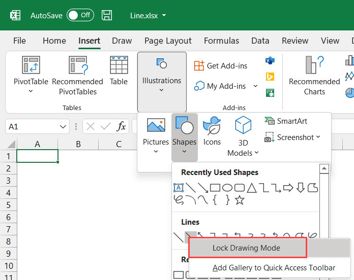 Kích hoạt chế độ Lock Drawing Mode để vẽ nhiều lần