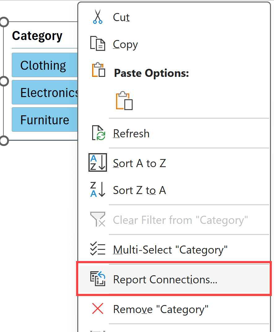 Kiểm tra danh sách các pivot table trong Report Connections