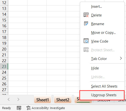 Lệnh Ungroup Sheets để tách nhóm các sheet sau khi đổi màu