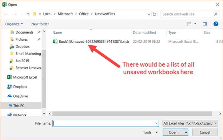 List of all unsaved Excel files