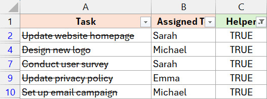 Lọc cột phụ để chỉ hiển thị các giá trị TRUE