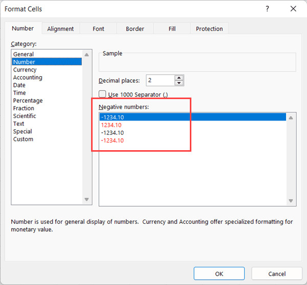 Lỗi không hiển thị tùy chọn số âm trong ngoặc đơn