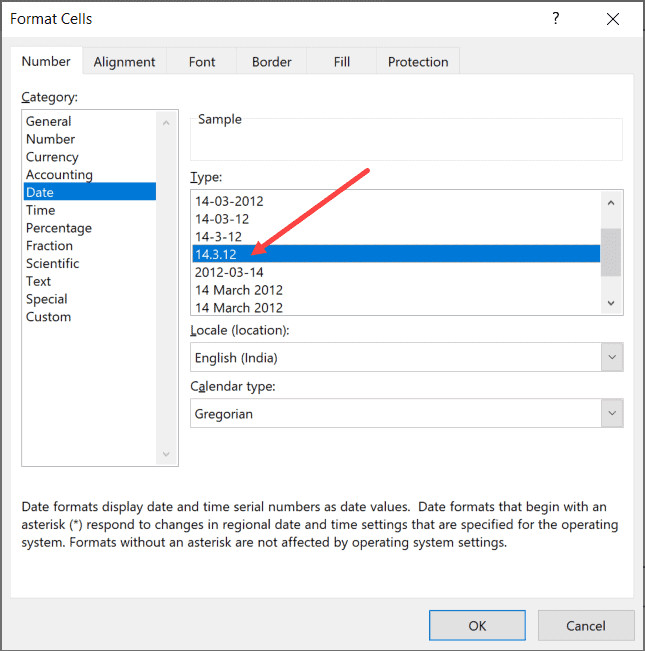 Lựa chọn kiểu hiển thị ngày tháng cụ thể trong mục Type