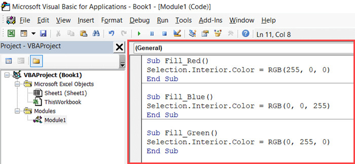 Mã VBA trong Module xác định màu sắc cụ thể theo hệ RGB