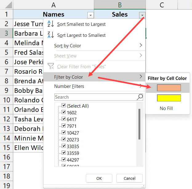 Menu chọn màu sắc để lọc dữ liệu theo màu vàng hoặc cam