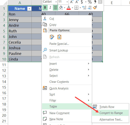 Menu chuột phải chọn Convert to Range để chuyển bảng thành vùng thường