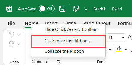 Menu chuột phải chọn Customize the Ribbon