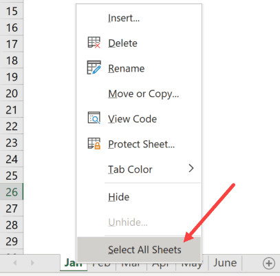 Menu chuột phải chọn Select All Sheets để chọn toàn bộ bảng tính