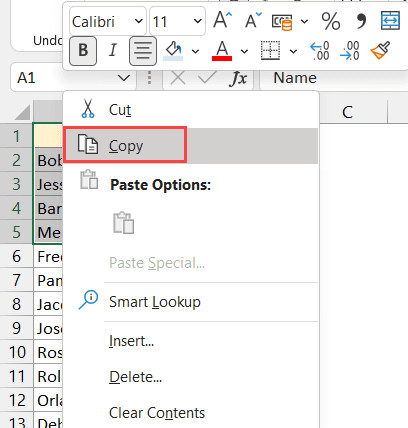 Menu chuột phải hiện ra với tùy chọn Copy được đánh dấu