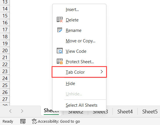 Menu chuột phải hiển thị tùy chọn Tab Color trong Excel