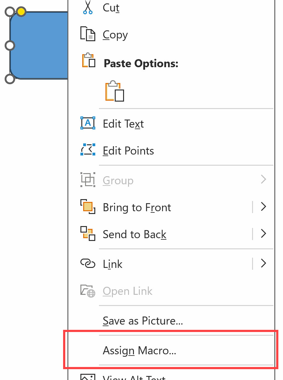 Menu chuột phải với tùy chọn Assign Macro