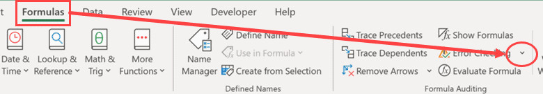 Menu Error Checking trong tab Formulas hiển thị vị trí các ô bị lỗi tham chiếu vòng