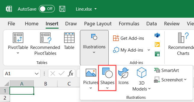 Menu thả xuống của tính năng Shapes trong Excel