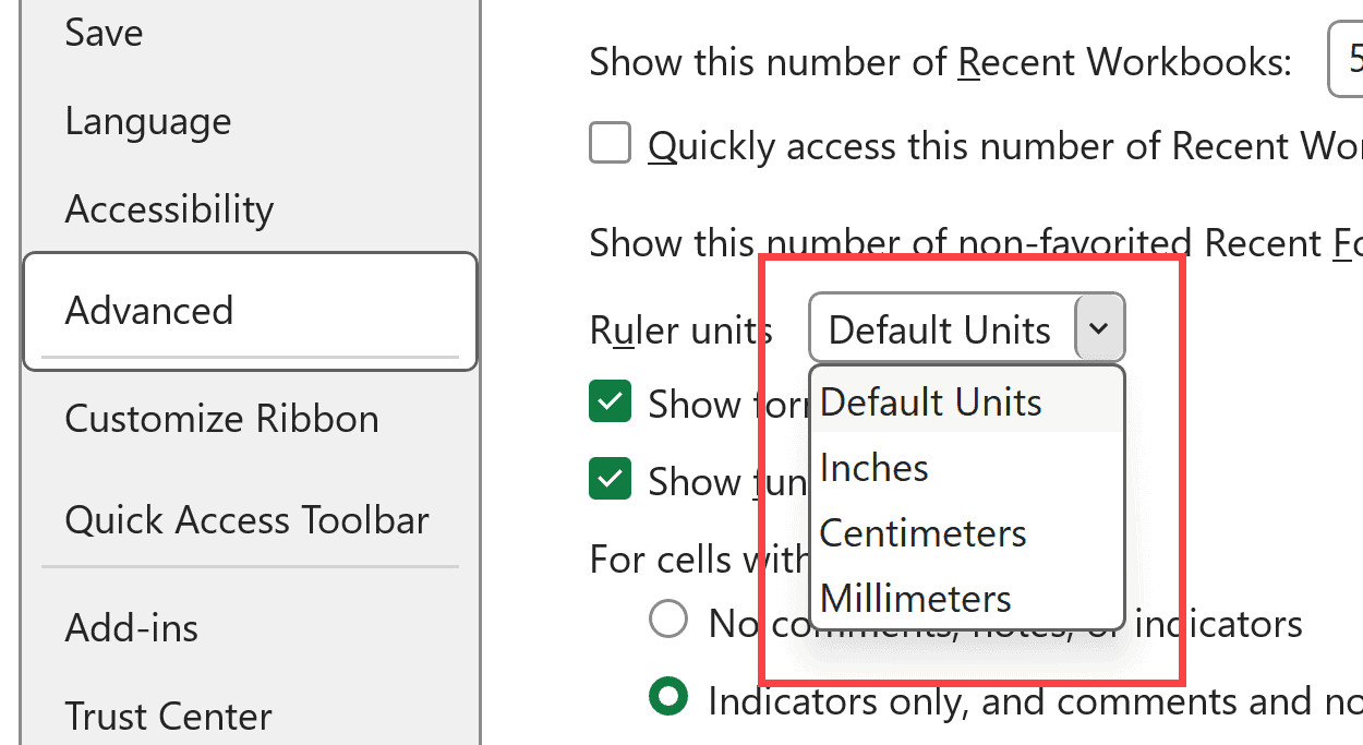 Menu thả xuống Ruler units cho phép chọn Centimeters hoặc Millimeters