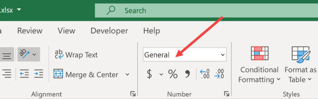 Menu thả xuống trong nhóm Number để chọn định dạng