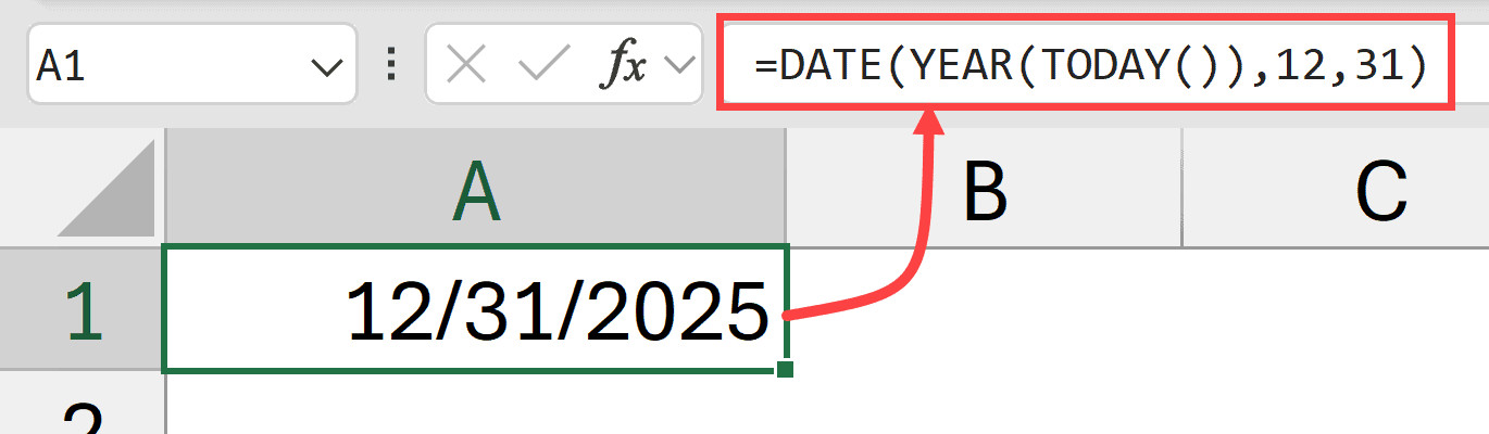 Minh họa cách lấy ngày cuối cùng của năm hiện tại bằng hàm DATE trong Excel