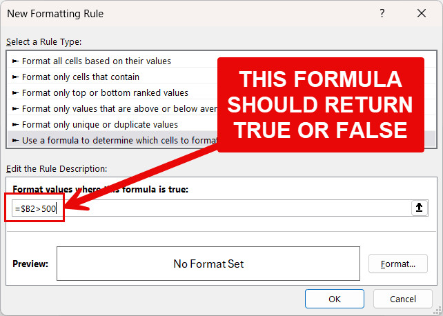 Minh họa công thức Conditional Formatting cần trả về giá trị True hoặc False