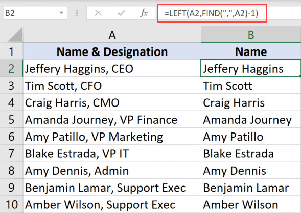 Minh họa công thức LEFT và FIND để xóa văn bản sau dấu phẩy