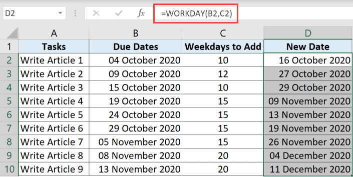 Minh họa hàm WORKDAY chỉ tính ngày trong tuần