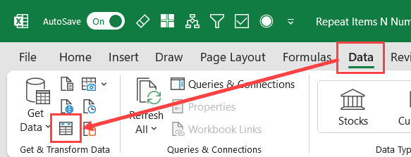 Mở dữ liệu trong Power Query từ thẻ Data