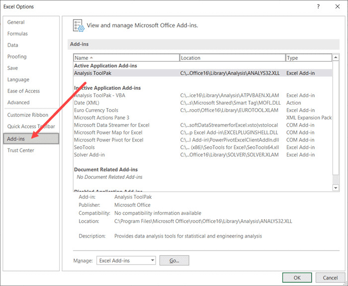 Mục Add-ins trong hộp thoại Excel Options
