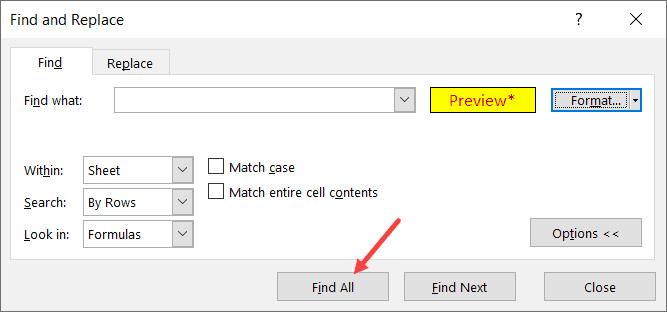 Nhấn Find All để liệt kê danh sách các ô có định dạng tương ứng