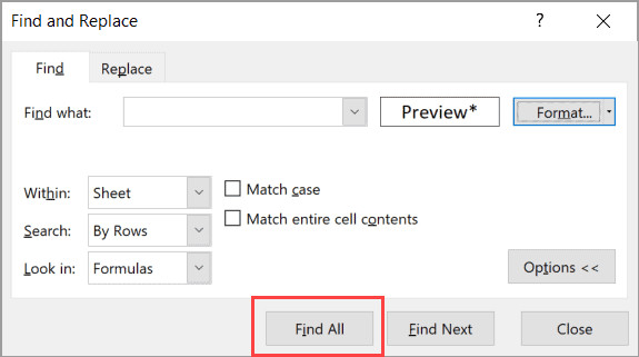 Nhấn Find All để liệt kê danh sách các ô gộp