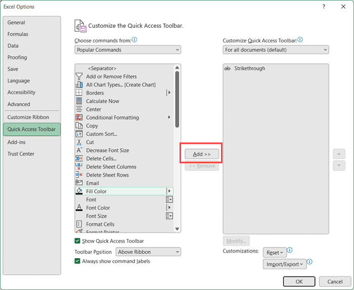 Nhấn nút Add để thêm Fill Color vào danh sách công cụ truy cập nhanh