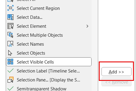 Nhấn nút Add để thêm lệnh vào thanh công cụ