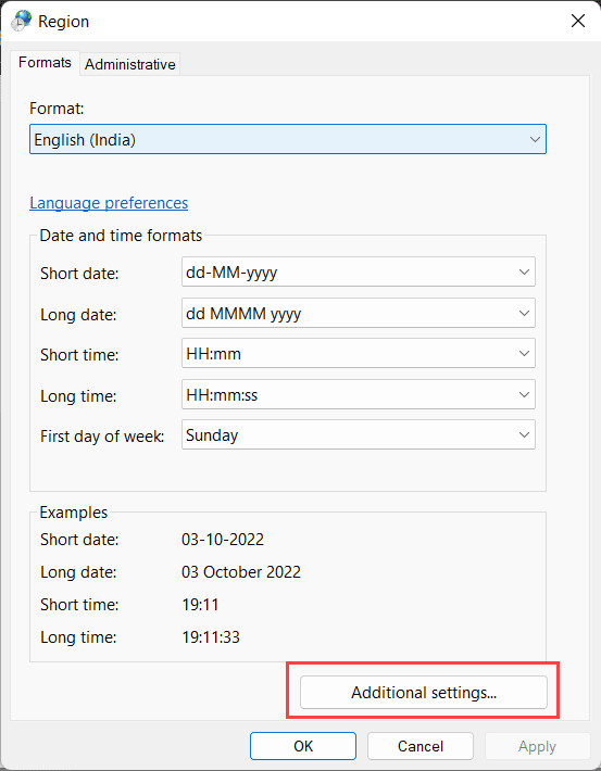 Nhấn nút Additional settings trong hộp thoại Region