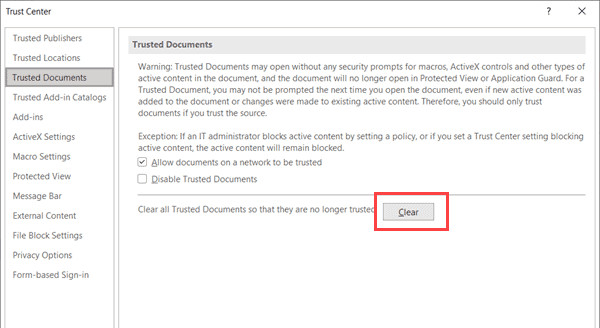Nhấn nút Clear để xóa danh sách tài liệu tin cậy