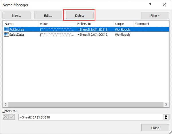 Nhấn nút Delete để xóa vùng chọn được đặt tên