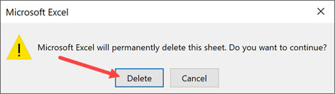 Nhấn nút Delete trong hộp thoại cảnh báo của Excel