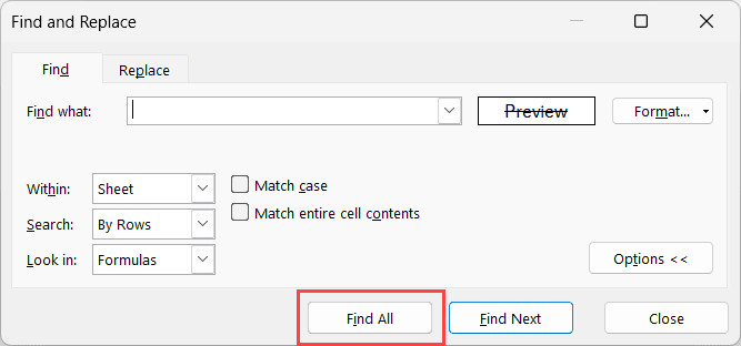 Nhấn nút Find All để liệt kê các ô thỏa mãn điều kiện