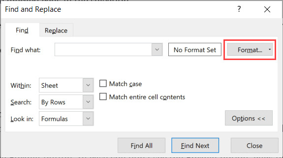Nhấn nút Format trong hộp thoại Find and Replace