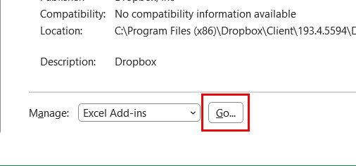 Nhấn nút Go để mở hộp thoại quản lý Add-in