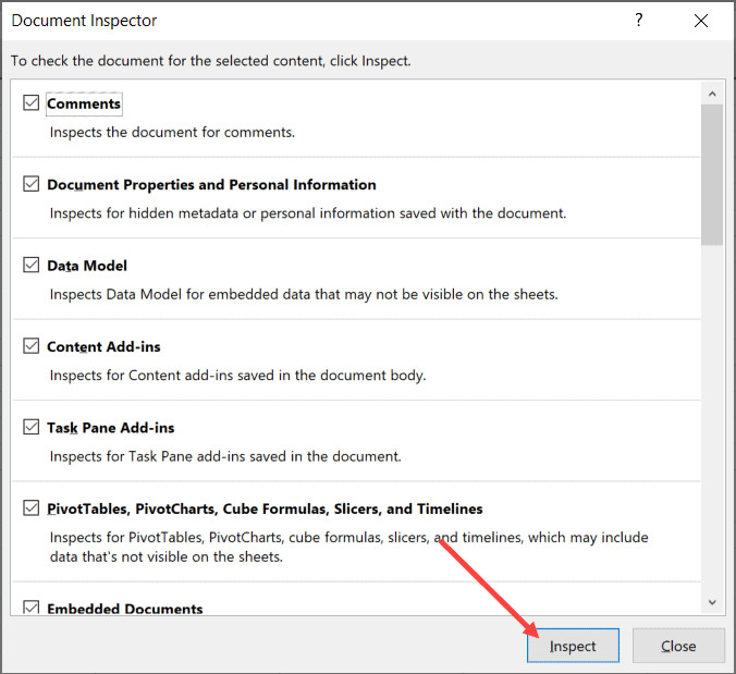 Nhấn nút Inspect để bắt đầu quét toàn bộ file Excel