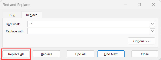 Nhấn nút Replace All để thực hiện xóa toàn bộ dấu sao