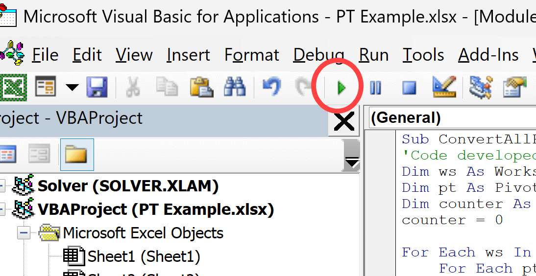 Nhấn nút Run hoặc phím F5 để chạy đoạn mã VBA