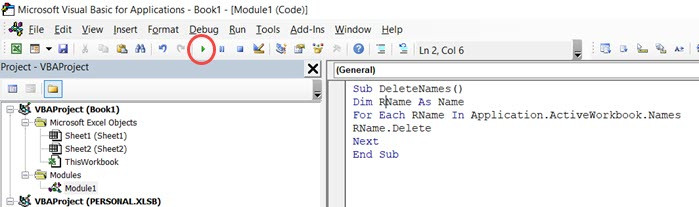 Nhấn nút Run màu xanh để thực thi mã VBA