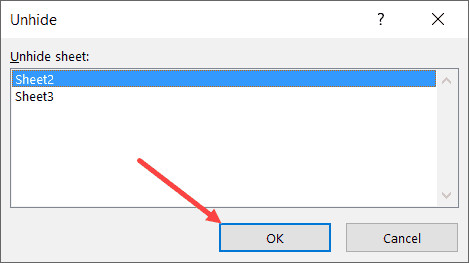 Nhấn OK để hoàn tất việc bỏ ẩn trang tính đã chọn