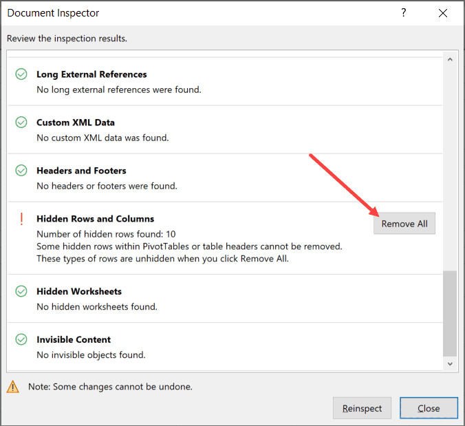 Nhấn Remove All để xóa sạch các hàng và cột ẩn