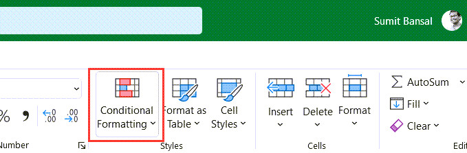 Nhấn vào biểu tượng Conditional Formatting trên tab Home