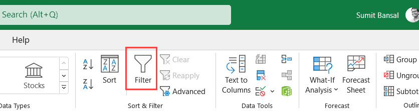 Nhấn vào biểu tượng Filter để kích hoạt bộ lọc cho bảng dữ liệu