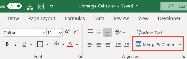 Nhấn vào biểu tượng Merge and Center để hủy gộp