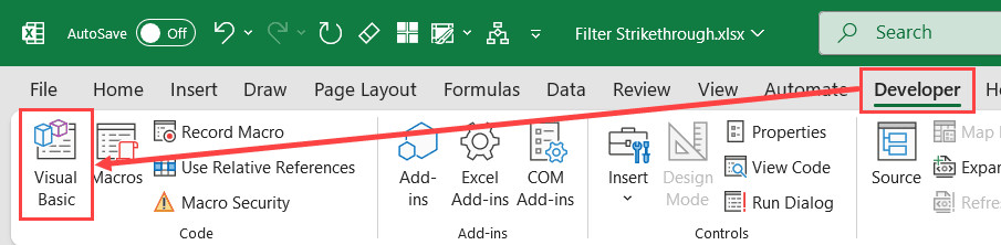 Nhấn vào biểu tượng Visual Basic trên thanh công cụ Developer