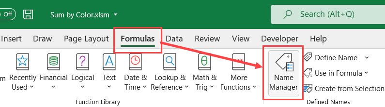 Nhấn vào nút Name Manager trong tab Formulas