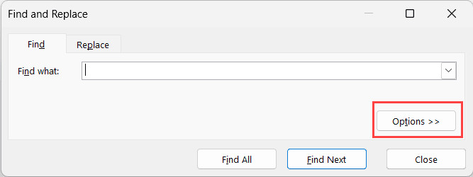 Nhấn vào nút Options trong hộp thoại Find and Replace để mở rộng cài đặt