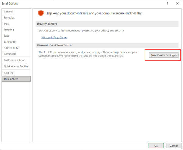 Nhấn vào nút Trust Center Settings