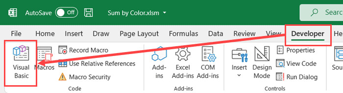 Nhấn vào nút Visual Basic để mở trình soạn thảo mã